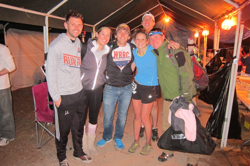 White Rock Running Co-op members went to Huntsville to support member Nicole Studer, female winner of the Rocky Raccoon 100-mile race. Left to right: James Ayers, Ally Gump, Brent Woodle, Nicole and Eric Studer and Brent Yost (top).
