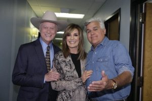 Linda Gray poses with Larry Hagman and Jay Leno in 2012: via Facebook
