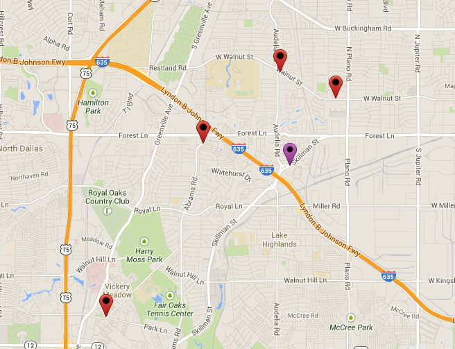 Thursday's apartment fire happened in the 6300 block of Skillman (purple). In red are the other fires in the past year.