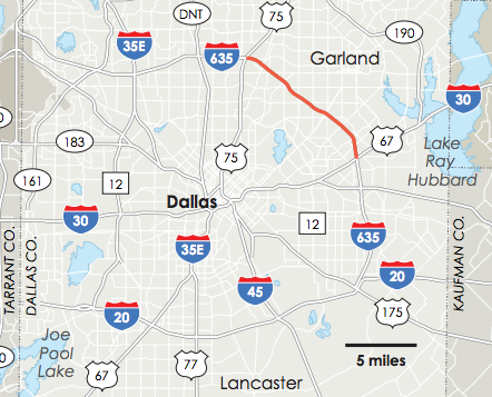 The map shows the section of I-635 that will be impacted by the upgrades.  