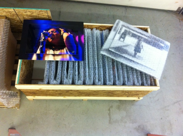 This 300 lb. crate holds “double float mount” plexiglass prints of Karen’s work, ready to ship to Dallas.