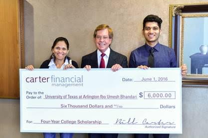 Bill Carter of Carter Financial Management awards Umesh Bhandari, pictured with his mother, the 2016 college scholarship.