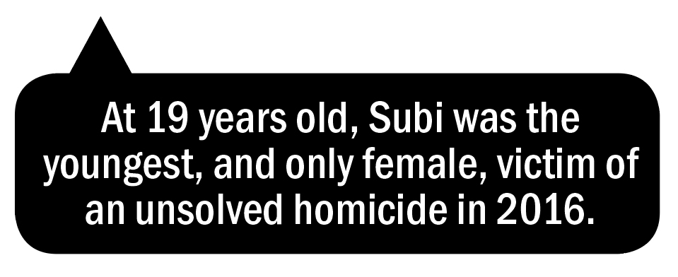 At 19 years old, Subi was the youngest, and only female, victim of an unsolved homicide in 2016.
