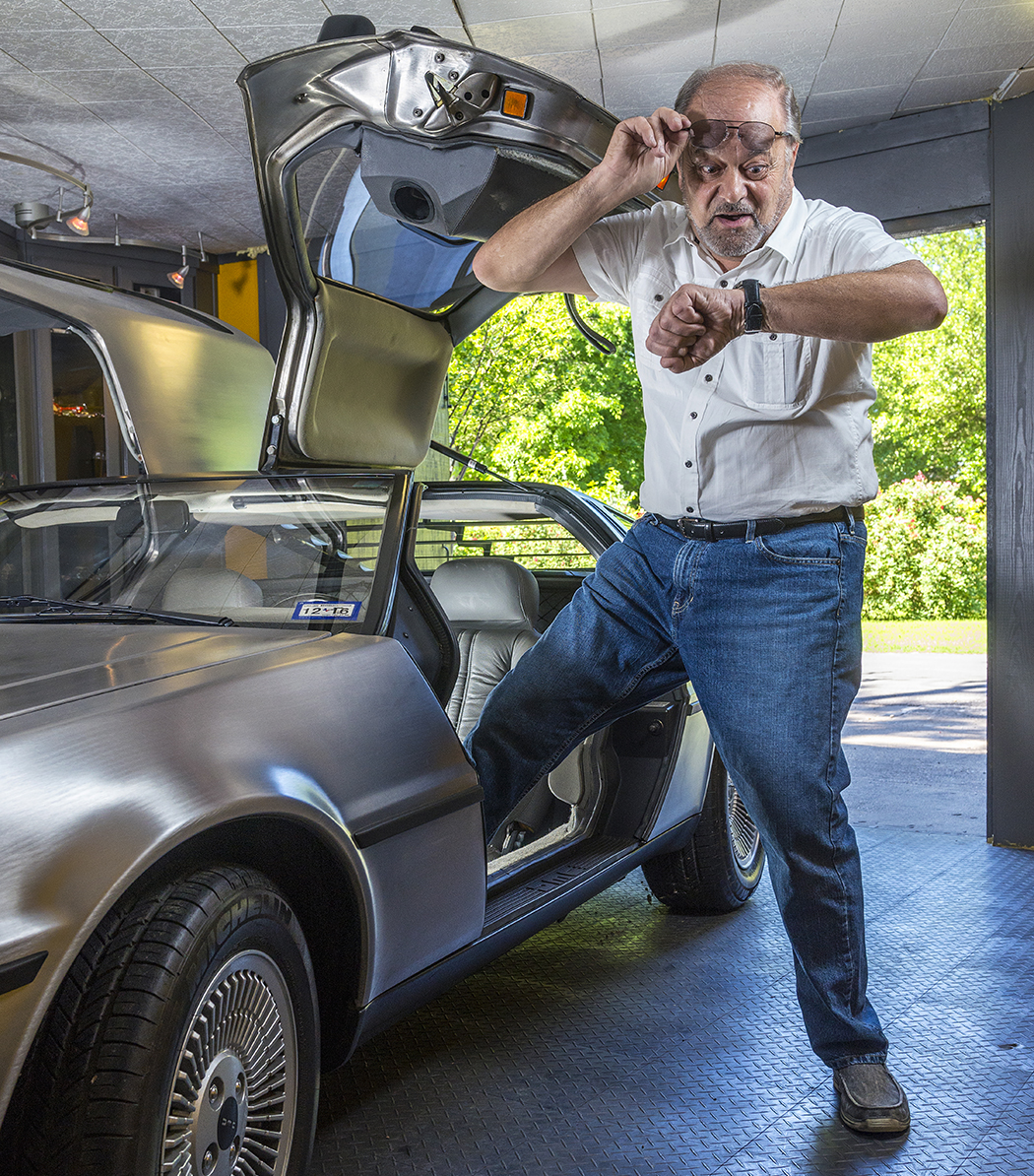 In his best Doc Brown pose, Jaime Sendra steps out of his 1980 DeLorean DMC-12. (Photo by Danny Fulgencio)