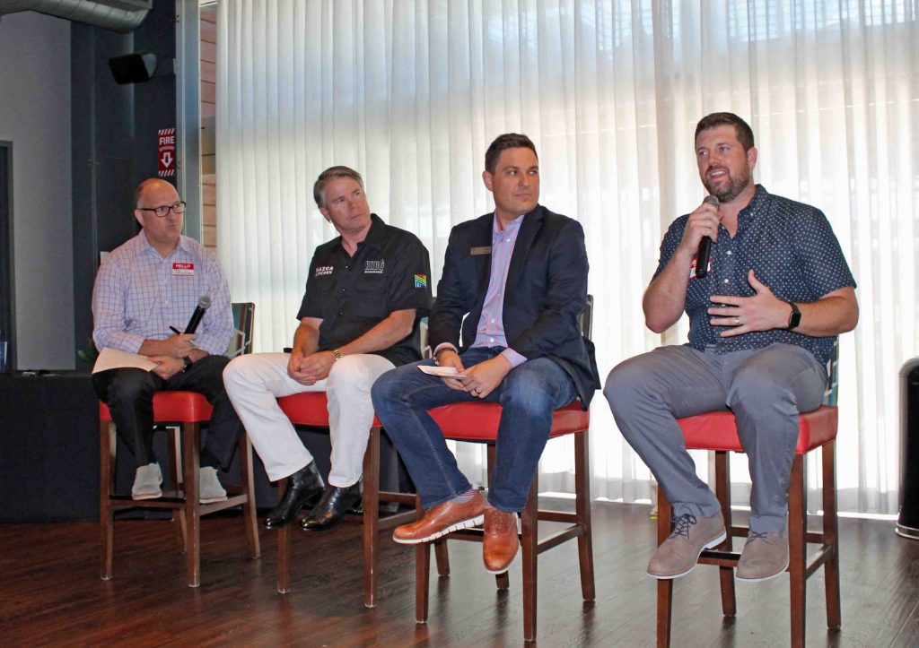From left, Ted Hill of the Lake Highlands Chamber of Commerce, Craig Collins of Nazca Kitchen, Nick Kopach of Top Golf and Bryan Tenley of Alamo Drafthouse. (Photo by Carol Toler)