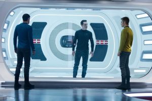 Spock (Zachary Quinto) and Captain Kirk (Chris Pine) interrogate John Harrison (Benedict Cumberbatch) in 'Star Trek Into Darkness'.