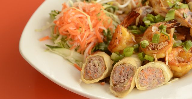 Grilled shrimp vermicelli with pork egg rolls: Photo by Mark Davis