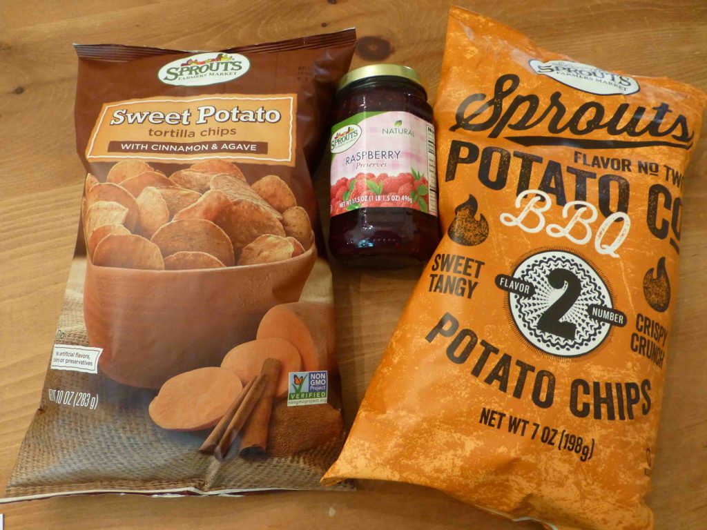 Sprouts label sweet potato chips, BBQ chips and raspberry jam
