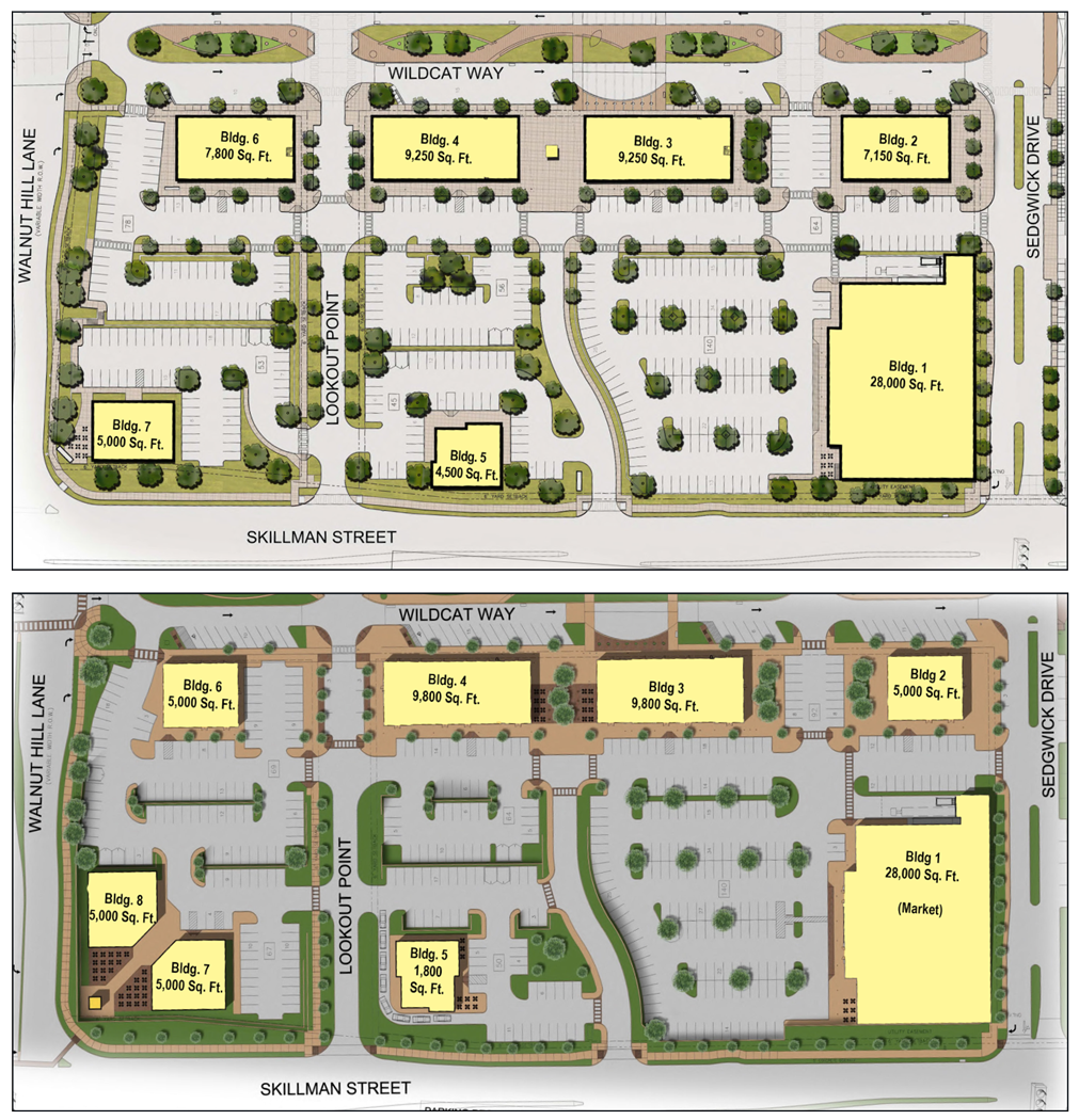At top is the first of two recently revised Lake Highlands Town Center plans Cypress submitted for the City Design Studio’s endorsement, which is required if Cypress aims to receive TIF funds. It was a drastic change from the 2007 plans, which officials and many neighborhood residents supported. The reviewing panel did not bless the plans, calling the changes too substantial and overly suburban in character. Cypress took a month to revise the plan, based on the panel’s suggestions, but returned with renderings that showed only slight changes (below) — some slight variations in building sizes, a shift of a clock tower from the east to the northwest corner of the property, and little else. It was not enough for the City Design Studio’s panel. Cypress “called a timeout” and representatives are determining their next step. 
