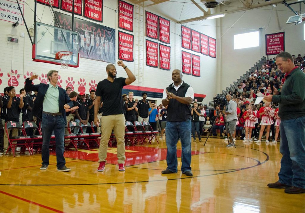 Matt Stover, Wade Smith and Detron Smith with Coach Lonnie Jordan at the pep rally. Photo by Chris Dishman.