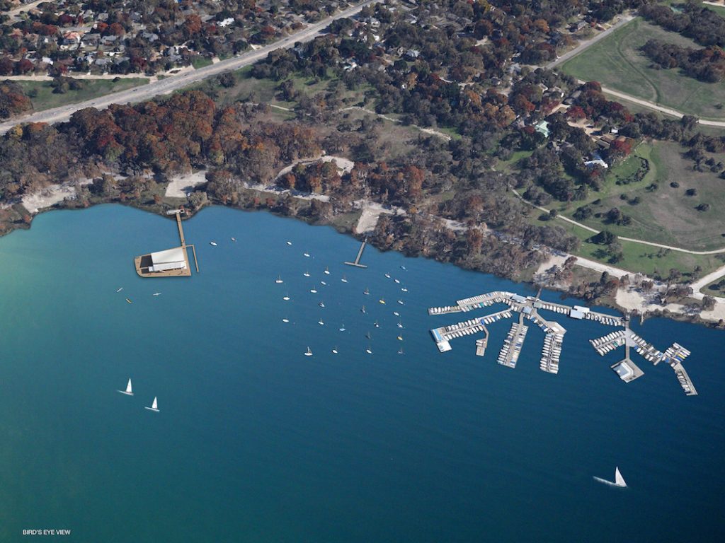 An aerial rendering of the White Rock Lake Rowhouse, just north of the Corinthian Sailing Club 