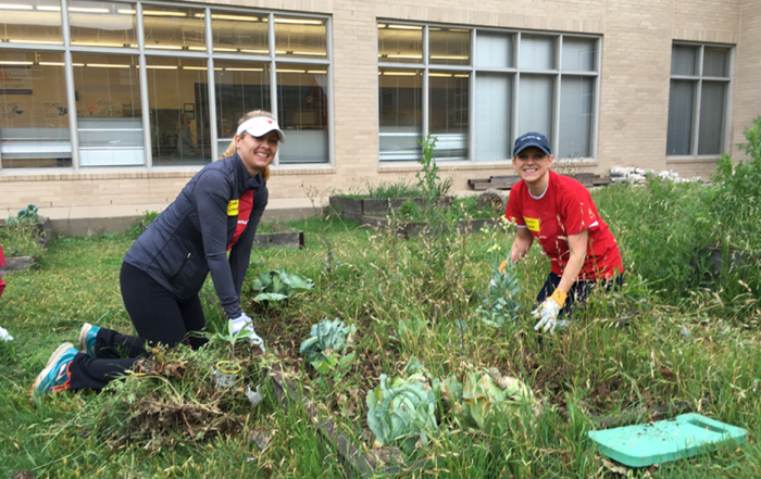 Deb Weatherwax and Jennifer Chandler prune weeds and overgrowth from the gardens at Highland Meadows Elementary School to prepare them for new plantings.