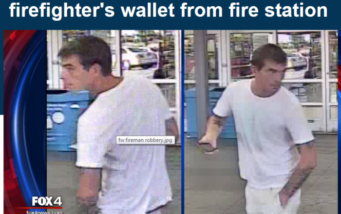 Matthew Paul Rounsaville's image was captured as he allegedly used a credit card stolen from a Fort Worth firefighter. (Photo from Dallas Police)