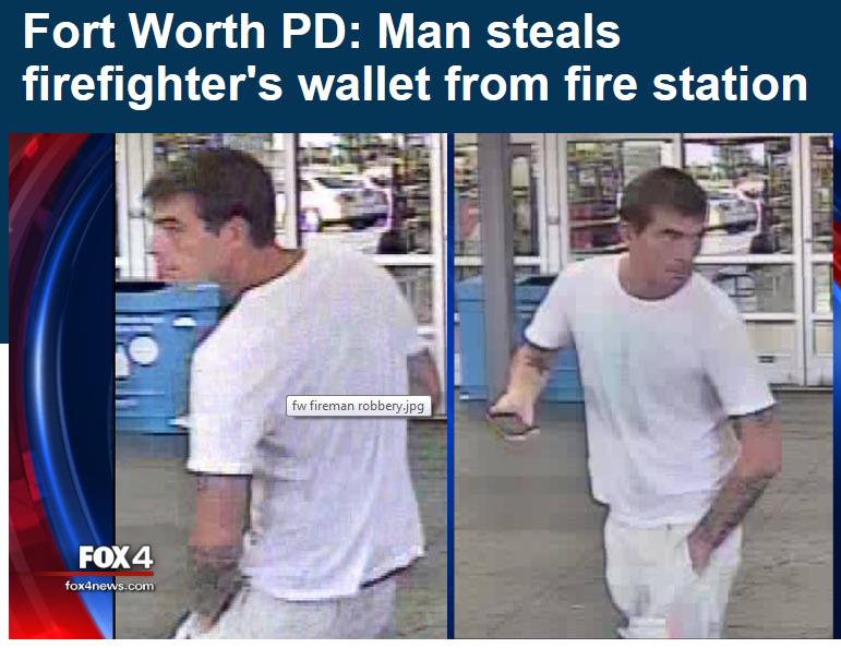 Matthew Paul Rounsaville's image was captured as he allegedly used a credit card stolen from a Fort Worth firefighter. (Photo from Dallas Police) 