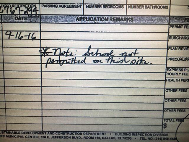 The note, hand-written by a City of Dallas staffer, says *Note: Schoot not permitted on this site