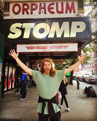 Jordan Brooks stands in front of the Orpheum Theater in New York City after learning he earned a spot in the Stomp! cast