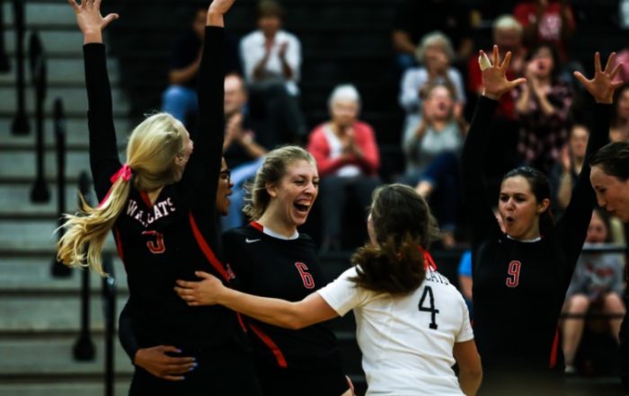 From left, Haley Harman, Hannah Richardson, Lauren Toungate, Lauren Crabtree, Sophia Miller and Alex Coulson celebrate after their Oct. 11 win.