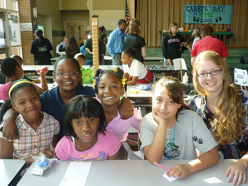 Thurgood Marshall Elementary students chat with visiting journalist Lindsay Toler in 2010.