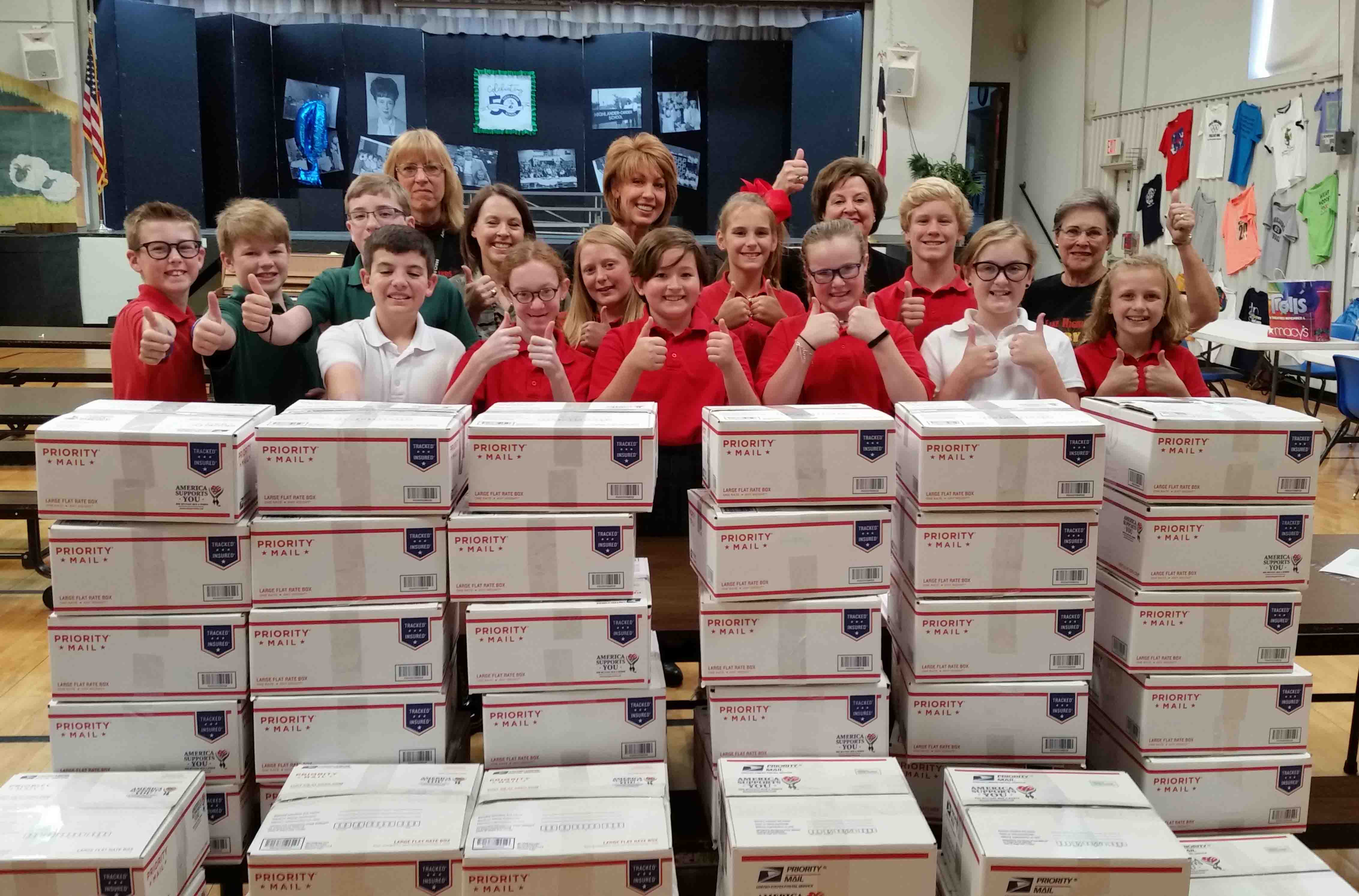 Highlander students packed 54 boxes full of goodies for LH soldiers