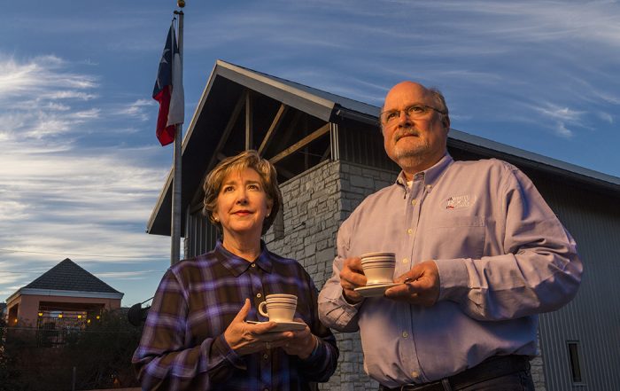 Nancy and Robert Baker in front of their first coffee shop, which opened 12 years ago in Lake Highlands (Photos by Danny Fulgencio)