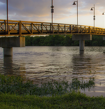 Bridge at White Rock Lake in Dallas, Texas at sunset.