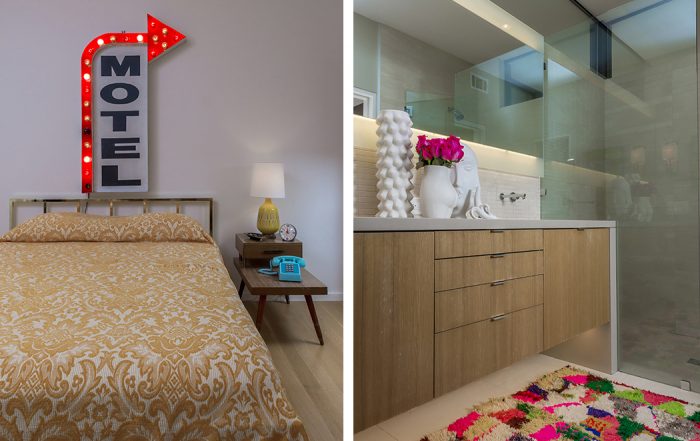 The guest room (left) resembles a dive-y 1950s motel room, right down to the old analog alarm clock. As in the bathroom (right) clean lines and natural woods are tempered with a touch of offbeat sculpture and splashes of color. (Photos by Danny Fulgencio)