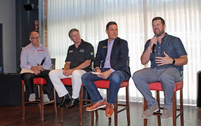From left, Ted Hill of the Lake Highlands Chamber of Commerce, Craig Collins of Nazca Kitchen, Nick Kopach of Top Golf and Bryan Tenley of Alamo Drafthouse. (Photo by Carol Toler)