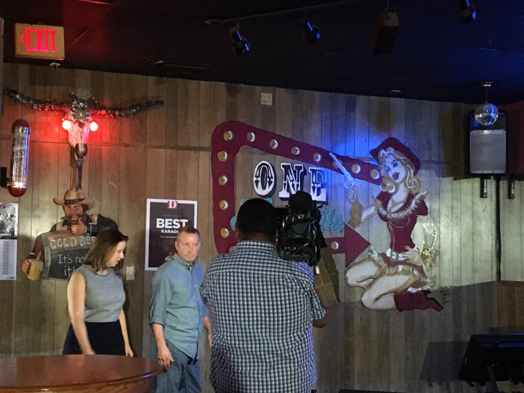 One Nostalgia Tavern owner Kent Smith is interviewed by CBS 11, one of many media networks who came out following the Buzzfeed article. 