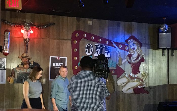 One Nostalgia Tavern owner Kent Smith is interviewed by CBS 11, one of many media networks who came out following the Buzzfeed article.