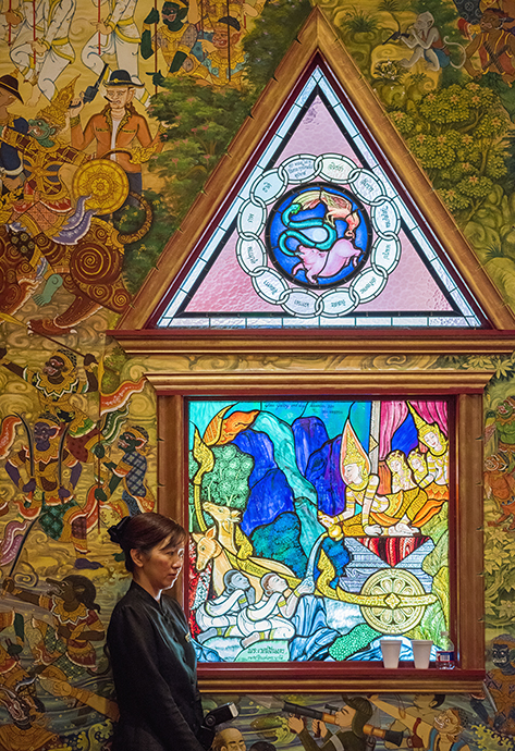 Walls and windows of Buddhist Center of Dallas are replete with radiant renderings of nature, the supernatural, idols and messages. (Photo by Danny Fulgencio)