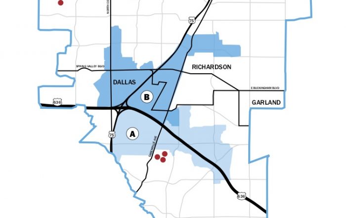 Map of Richardson ISD showing proposed districts and where current trustees live.