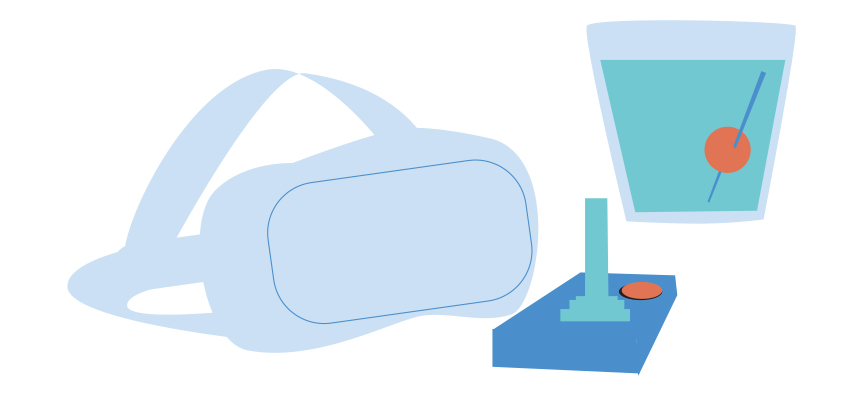 Game joystick, virtual reality headset and a cocktail. Illustrations by jynnette Neal