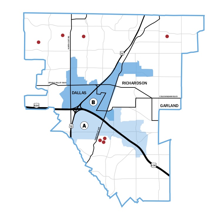 Map of Richardson ISD showing proposed districts and where current trustees live. 